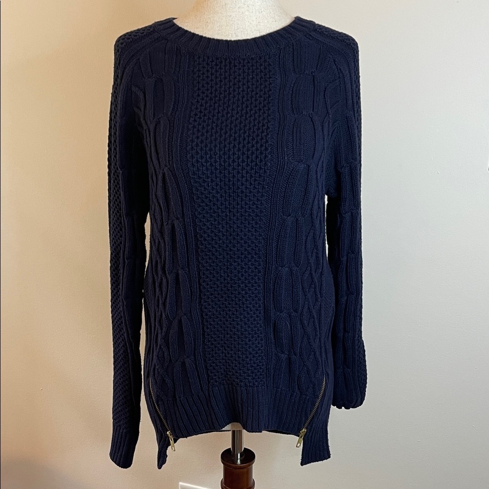 Cabi Navy Cable Knit Sweater M | Cotton Blend Long Sleeve Classic Zip Hem